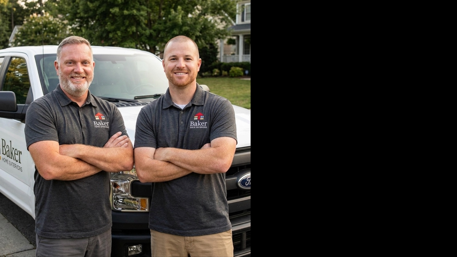 The Baker Home Exteriors team in front of a company truck